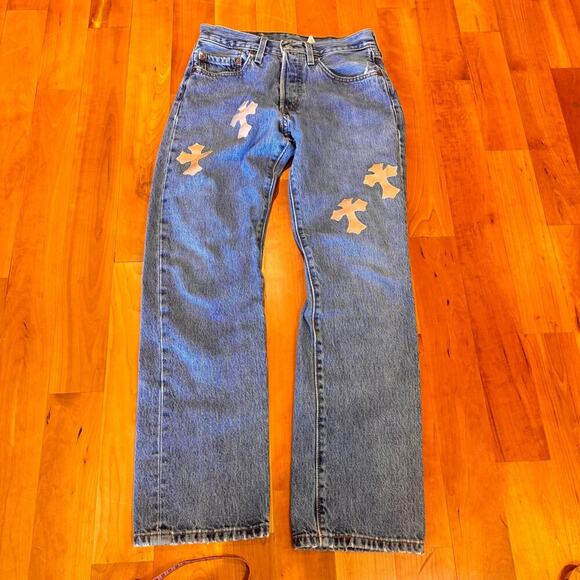 Vintage Levi's 501 " Chrome Hearts " patchwork crosses womens jeans 2000s 00s - Picture 14 of 16